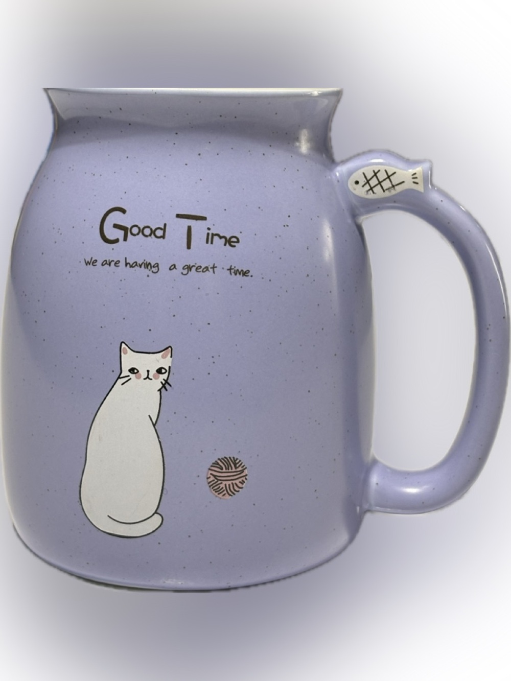 Good Time Lavender Cat Ceramic Mug with Fish Handle